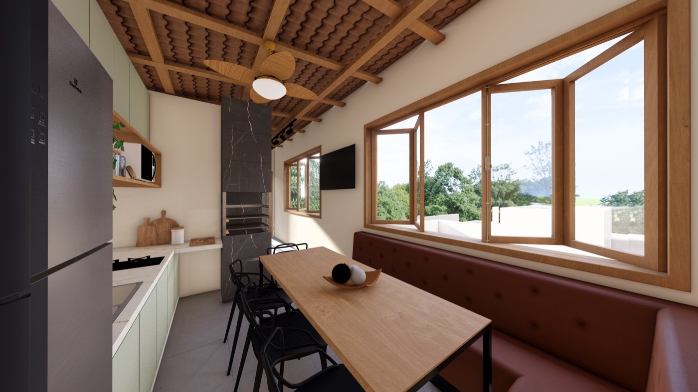 Cozinha gourmet com banco em couro e janelas panorâmicas