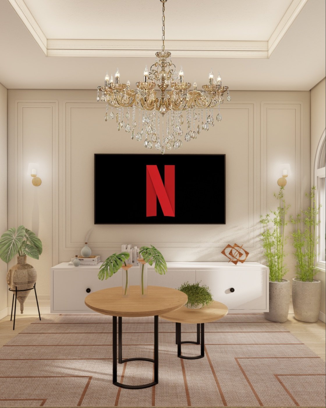 Sala de estar com sofá e iluminação cênica