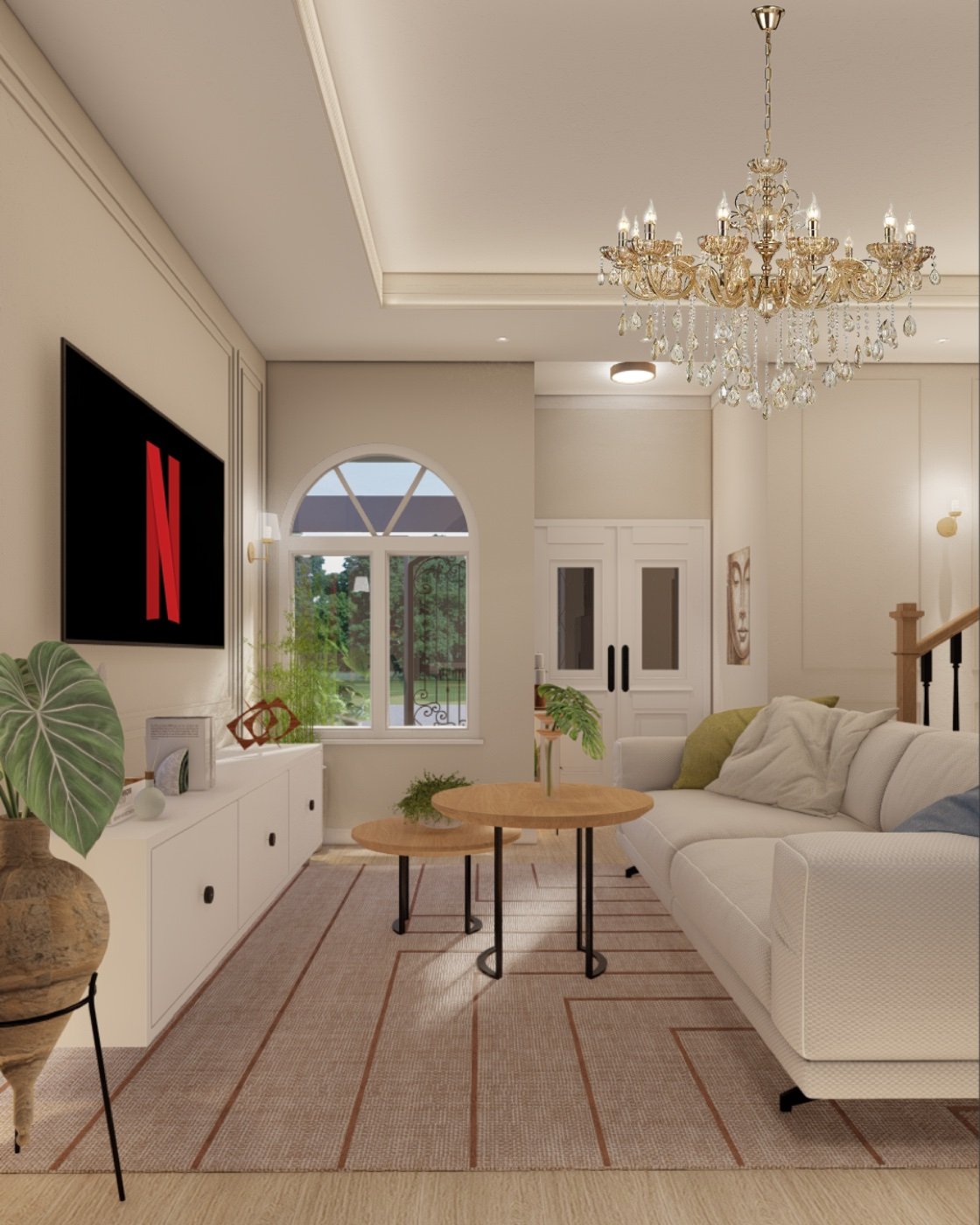 Living com detalhes em madeira e mármore