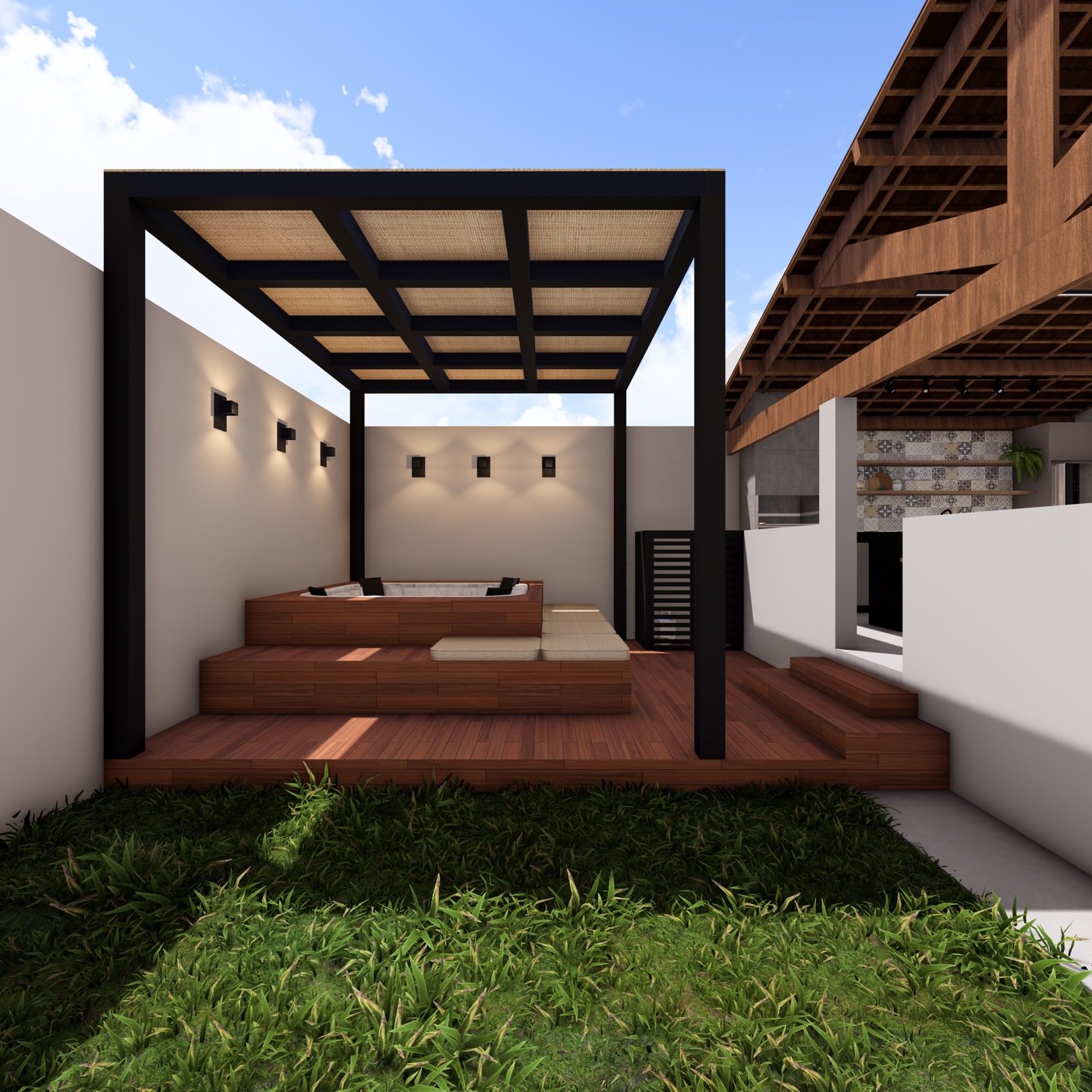 Área de lazer com pergolado e jacuzzi