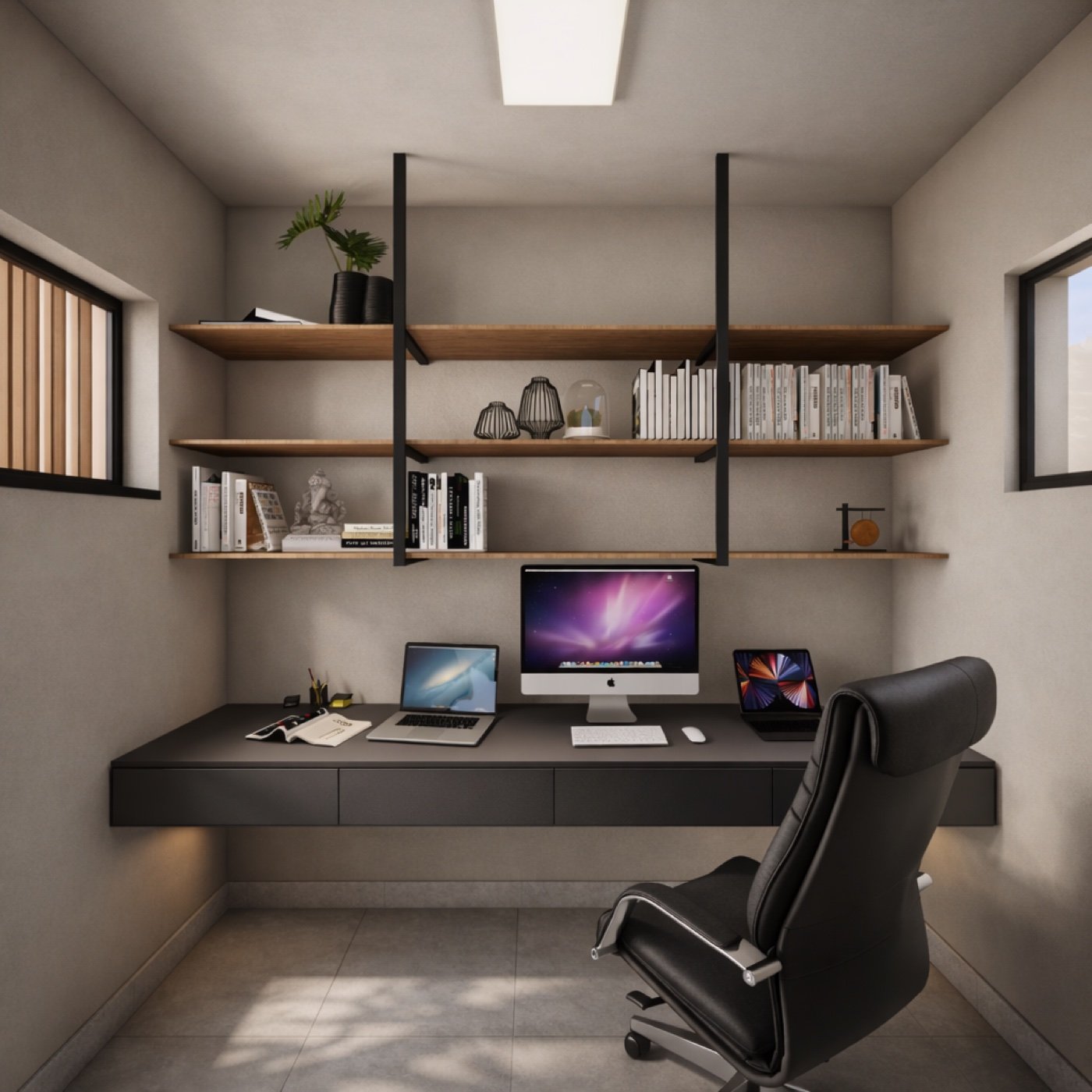 Home office com estantes embutidas