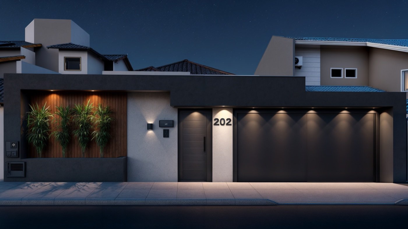 Residência contemporânea — fachada noturna