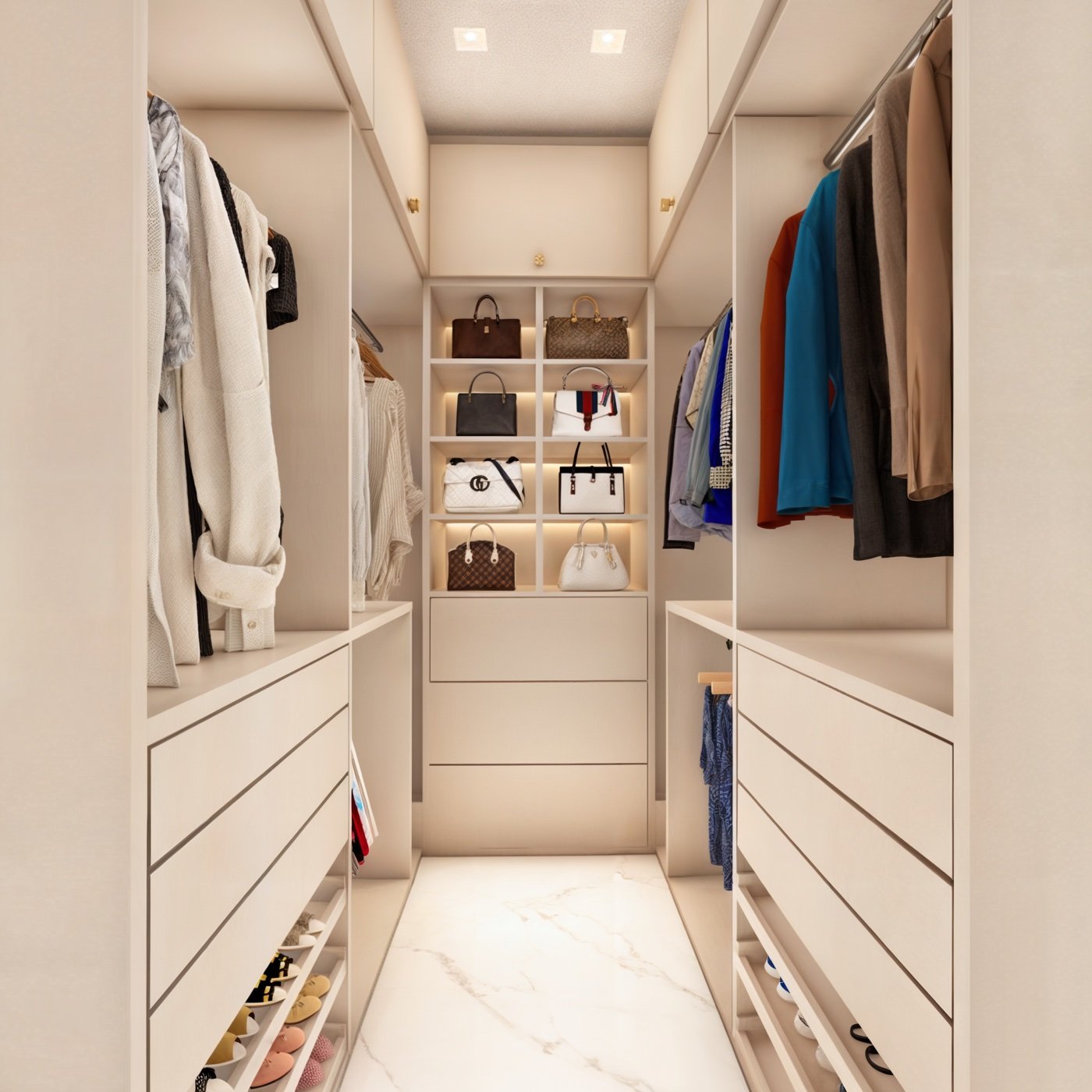 Closet planejado com iluminação embutida