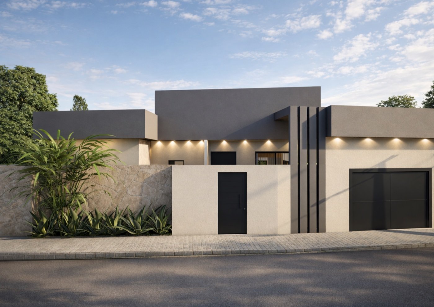 Fachada contemporânea com iluminação cênica