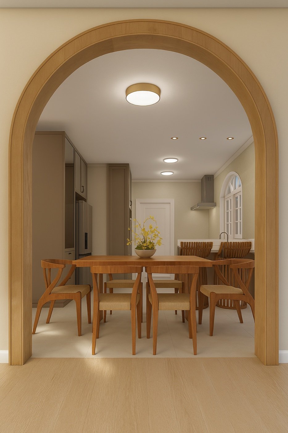 Sala de jantar através de arco em madeira